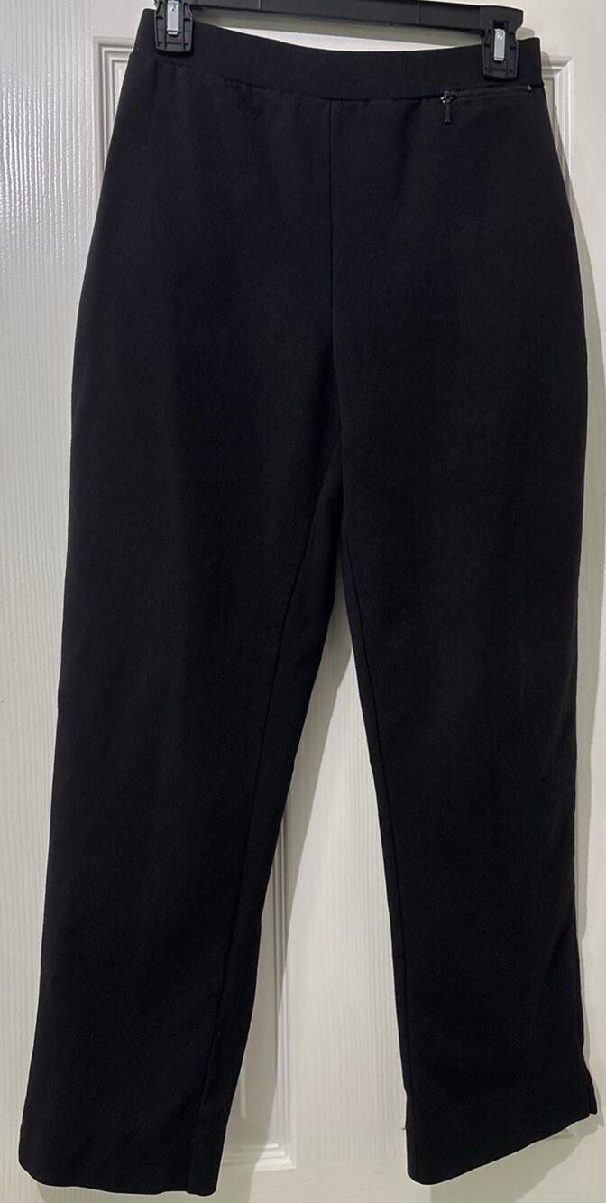 Talbots Petites Black Straight Leg Pull On Pants Size P/XS Slits Zip Pocket